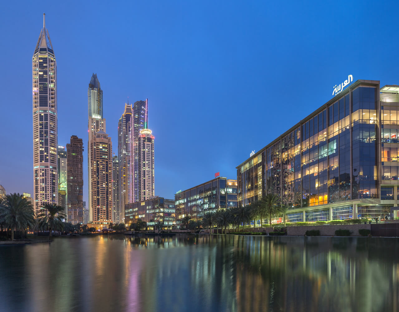 Evening view of Dubai Media City from the outside